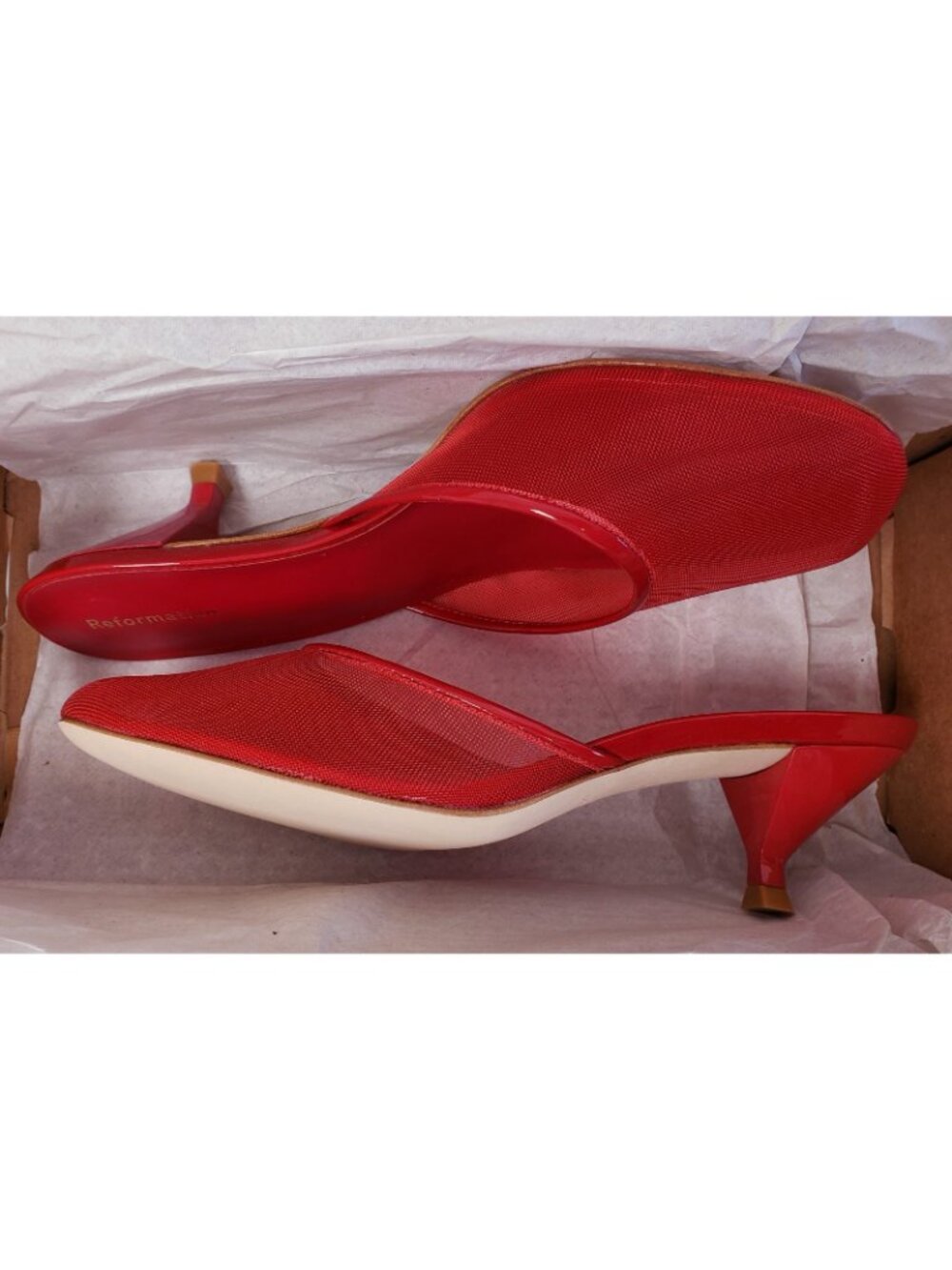 Reformation Women's Kalinka Illusion Mesh Mule Heels Sandals in Lipstick Size 8 - Picture 2 of 5